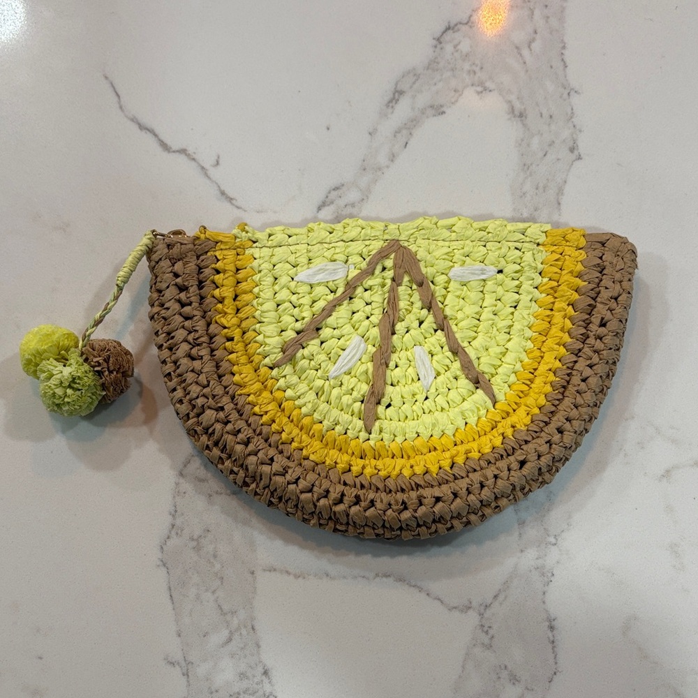 LOFT Lemon Woven Straw Wristlet Clutch Yellow & Tan